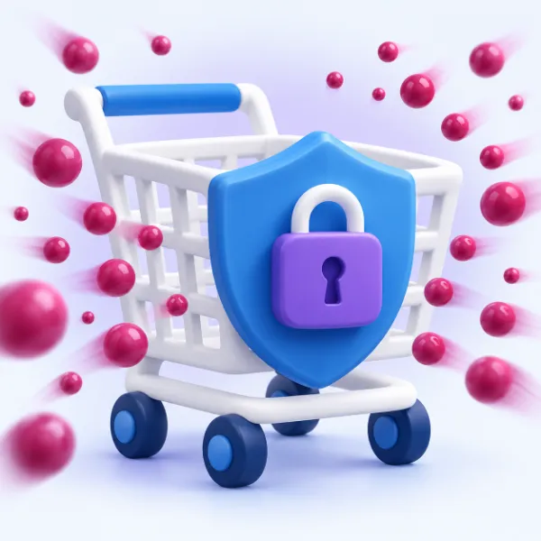 Ilustración de un carrito de la compra blanco protegido por un escudo azul con un candado violeta, rodeado por un enjambre de esferas magenta.