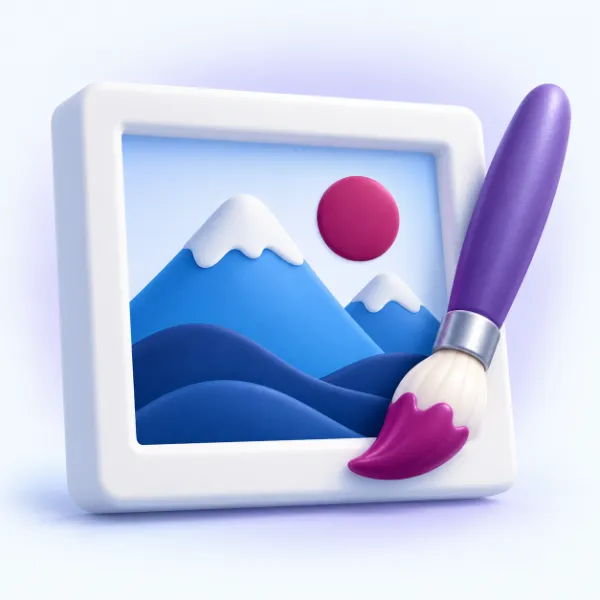 Ilustración de un marco de cuadro blanco con un paisaje de montañas azules y un sol magenta, y un pincel violeta apoyado en una esquina