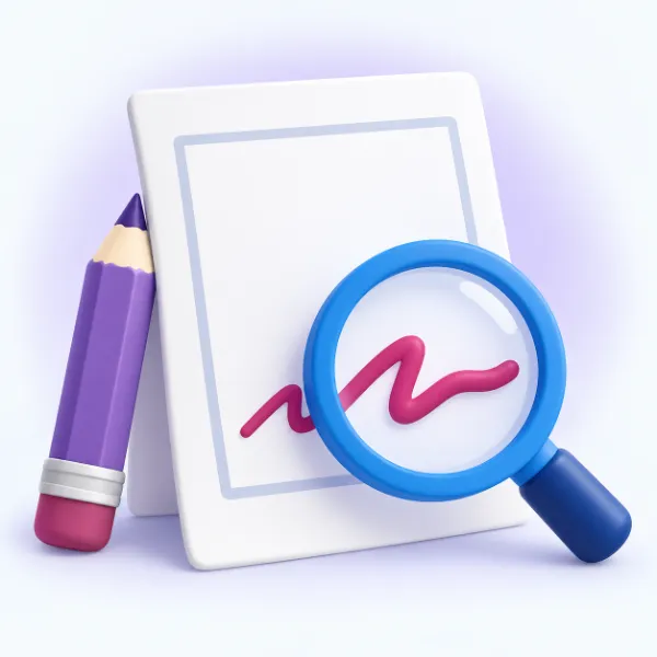 Ilustración de una lámina de dibujo con un marco vacío, una lupa azul sobre un garabato magenta con forma de firma y un lápiz violeta al lado.
