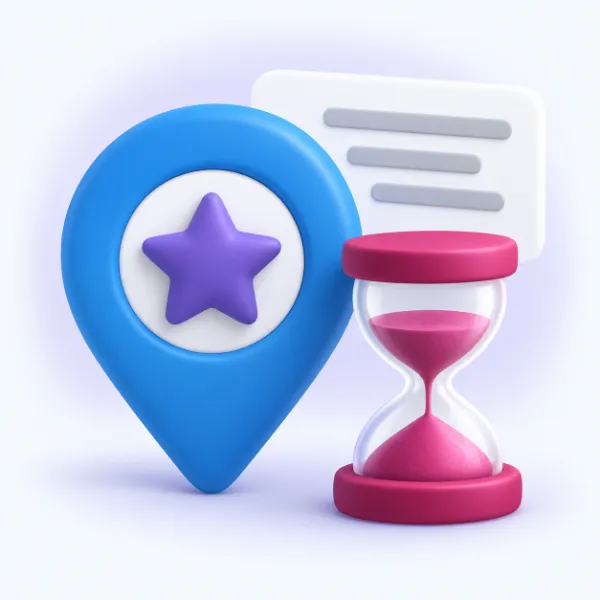 Ilustración de un pin de ubicación azul con una estrella violeta, junto a un reloj de arena magenta y una tarjeta de reseña en blanco.