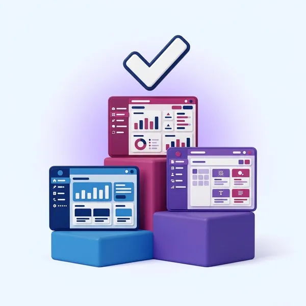 Illustration of three content management system admin panels on a podium, with a check mark on the highest one
