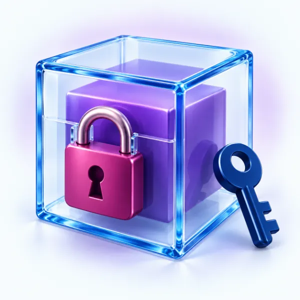 Illustration of a glass box with blue edges enclosing a violet cube, locked with a magenta padlock, with a navy blue key resting beside it.