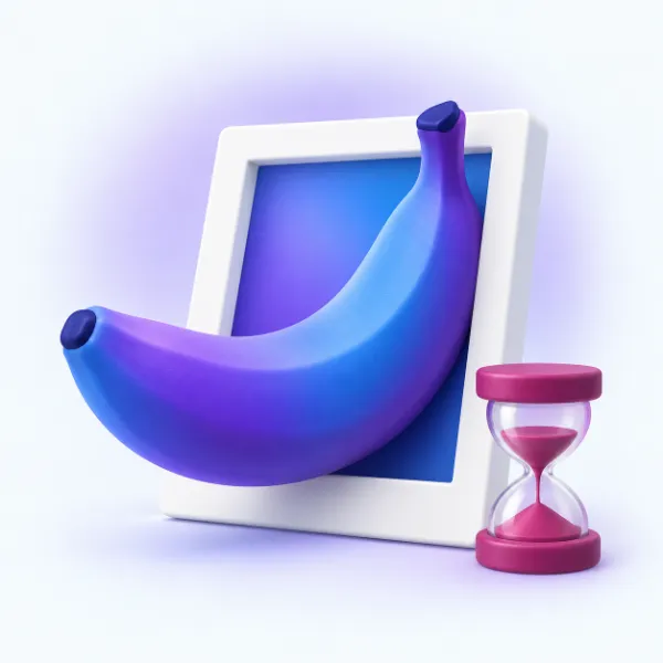 Ilustración de un plátano violeta y azul que sale de un marco de foto blanco, junto a un reloj de arena magenta.