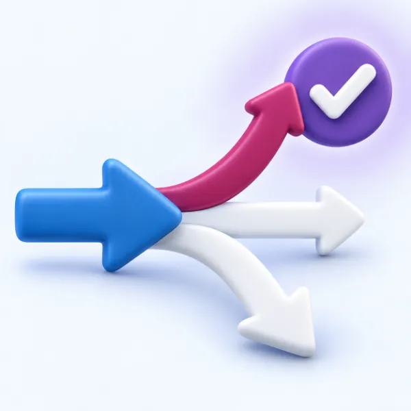 Ilustración de una flecha azul que se divide en tres caminos, uno de ellos magenta que termina en un círculo violeta con una marca de verificación