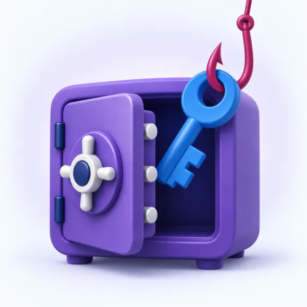 Illustration of a half-open purple safe with a magenta fishing hook pulling out a blue key.