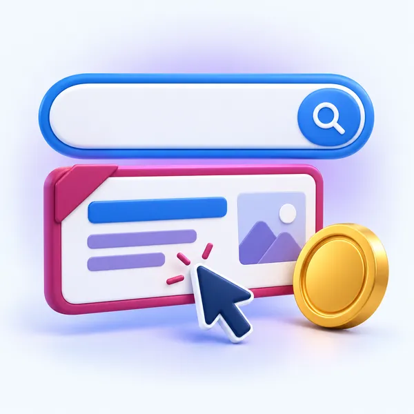 Illustration of a search bar with an ad below it, a cursor clicking and a coin, representing pay per click
