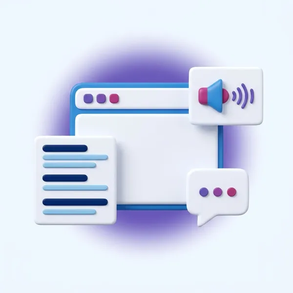 Illustration of a web page surrounded by a results list, a voice answer and an AI chat