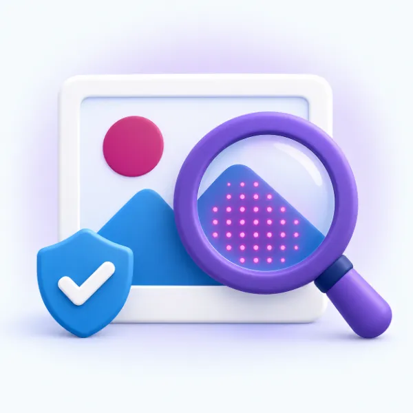 Ilustración de una tarjeta de fotografía con una montaña y un sol bajo una lupa violeta que deja ver una cuadrícula de puntos magenta, junto a un escudo azul con una marca de verificación.