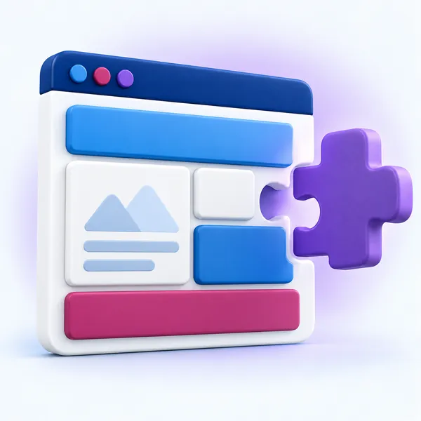 Illustration of a web page built from blocks with a puzzle piece representing WordPress plugins