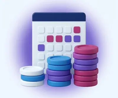 Illustration of three coin stacks of increasing height in front of a calendar, representing the monthly cost of SEO