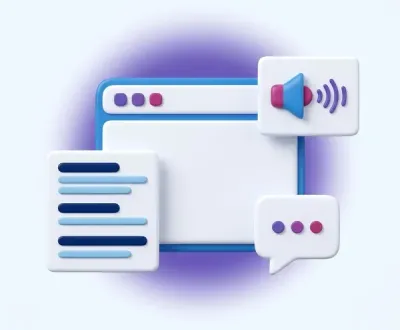 Illustration of a web page surrounded by a results list, a voice answer and an AI chat